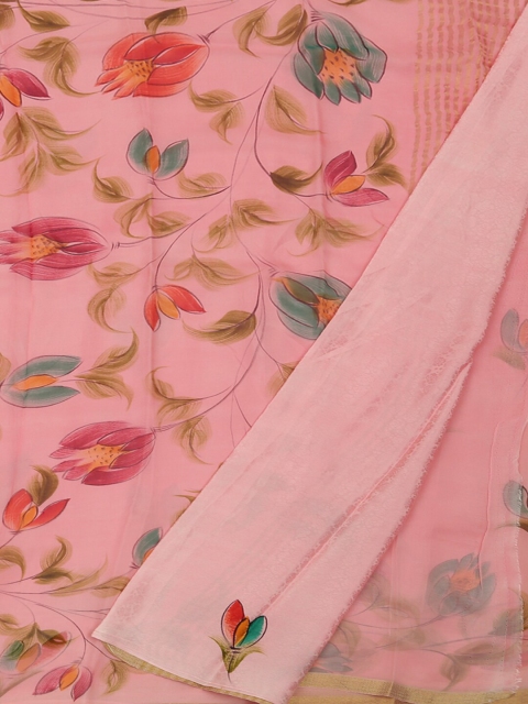 Pothys Pink & Red Pure Georgette Solid Saree