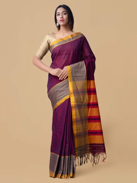 

Unnati Silks Purple Pure Cotton Solid Handloom Narayan Peth Saree