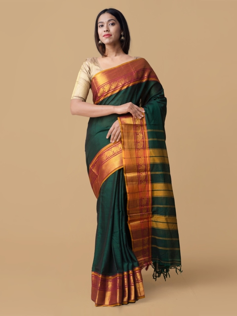 

Unnati Silks Green & Red Pure Cotton Solid Venkatgiri Saree