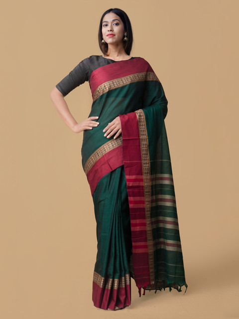 

Unnati Silks Green & Red Pure Cotton Woven Design Narayan Peth Saree
