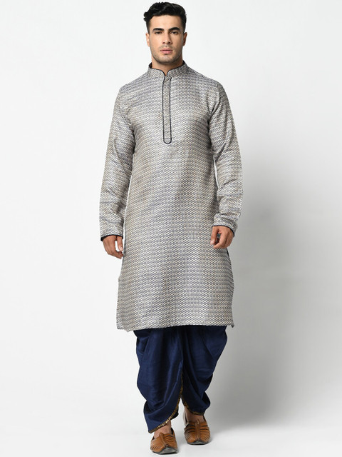 

DEYANN Men Navy Blue Self Design Kurta with Dhoti Pants