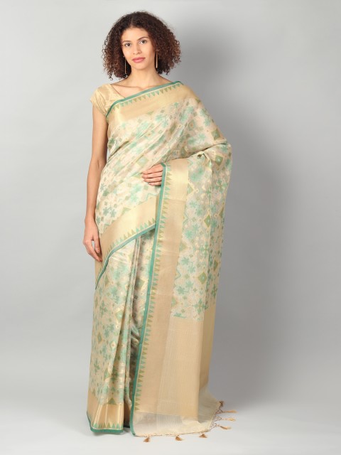 

EthnicRoom Beige & Green Silk Cotton Woven Design Banarasi Saree