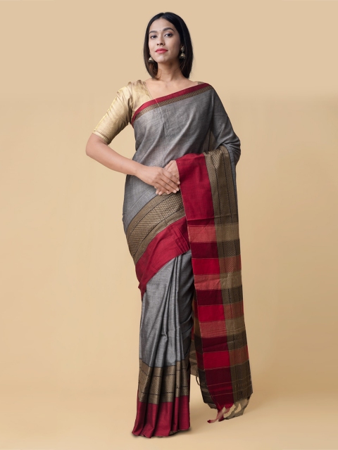 

Unnati Silks Grey & Red Pure Cotton Solid Narayan Peth Saree