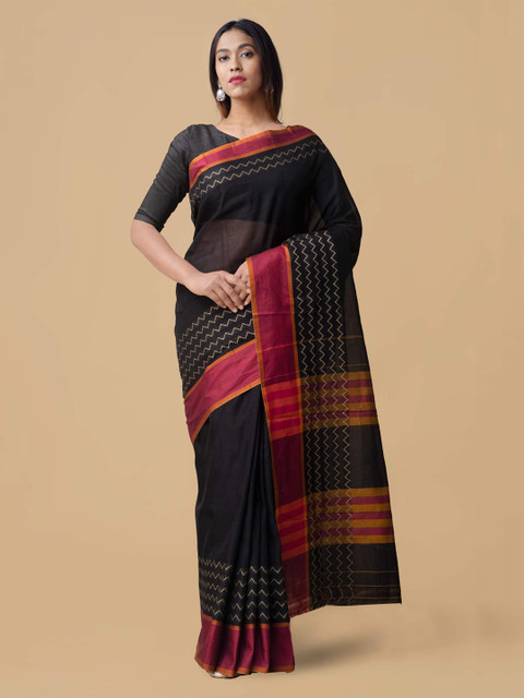 

Unnati Silks Black Pure Cotton Solid Handloom Narayan Peth Saree
