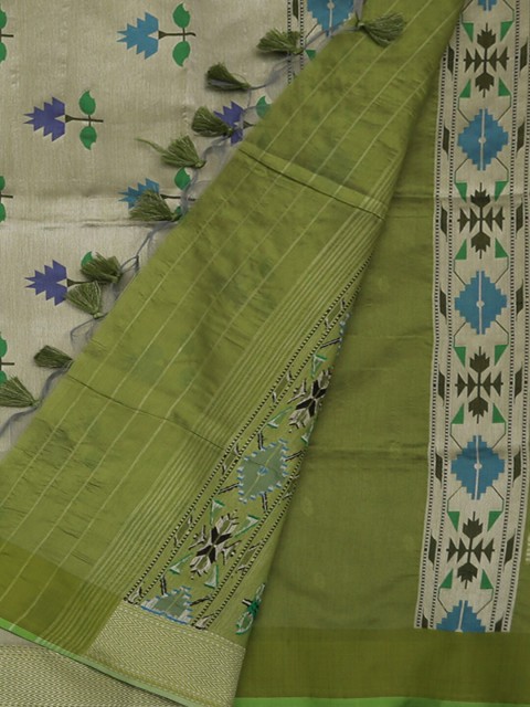 

Pothys Grey & Green Jute Silk Embroidered Bagh Saree