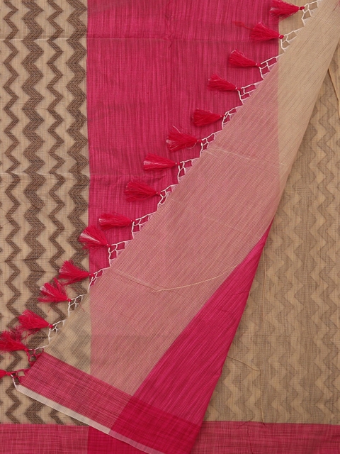 

Pothys Cream-Coloured & Pink Supernet Printed Saree
