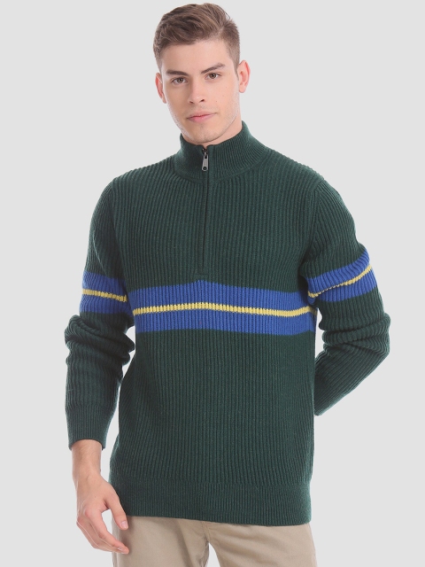 

GAP Men Green & Blue Striped Ribbed Half Zip Sweater