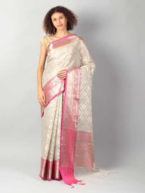 

EthnicRoom Cream-Coloured & Pink Silk Cotton Woven Design Banarasi Saree