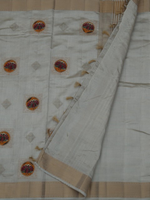 

Pothys Grey & Brown Printed Jute Silk Saree