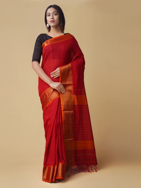 Unnati Silks Red Pure Cotton Solid Narayan Peth Saree