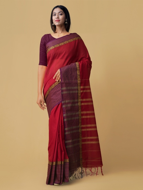 

Unnati Silks Red & Purple Pure Cotton Striped Handloom Narayan Peth Saree