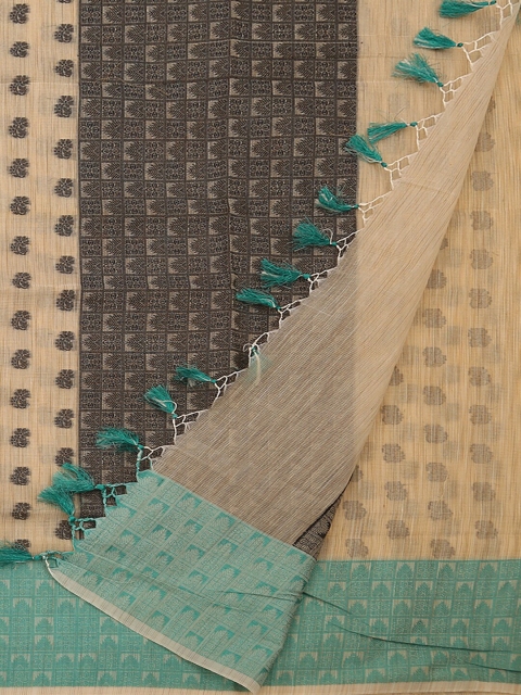 

Pothys Cream-Coloured & Green Supernet Printed Saree