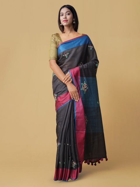 

Unnati Silks Grey & Blue Pure Linen Printed Saree