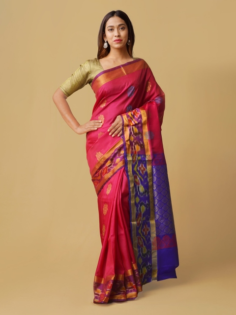 

Unnati Silks Pink & Navy Blue Silk Cotton Woven Design Pochampally Handloom Saree