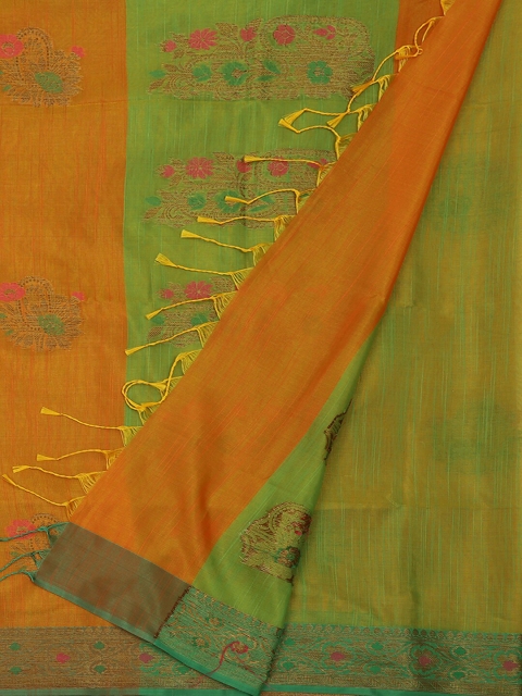 

Pothys Orange & Green Jute Silk Woven Design Saree