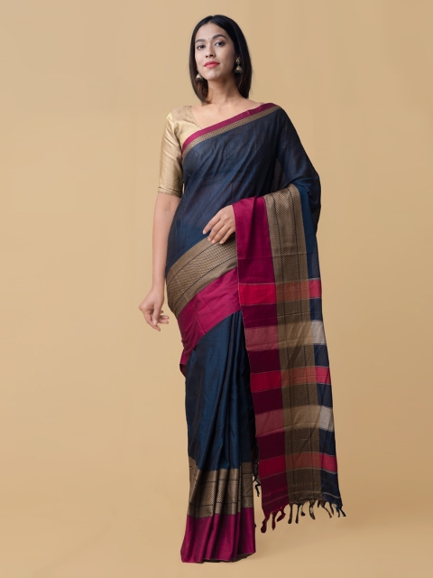 

Unnati Silks Navy Blue Pure Cotton Colourblocked Narayan Peth Saree