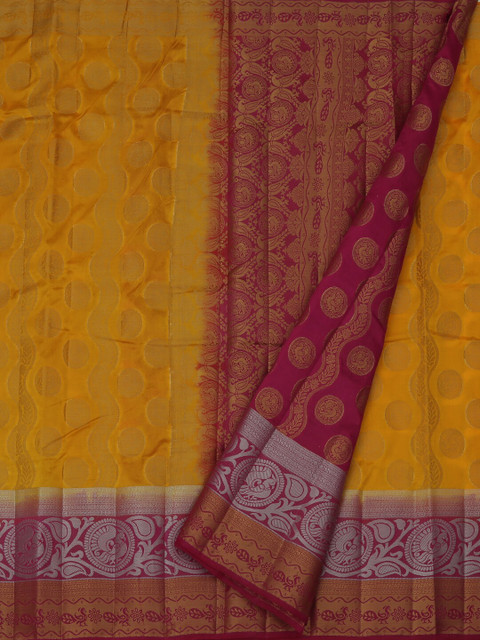 

Pothys Yellow & Magenta Jute Silk Woven Design Saree