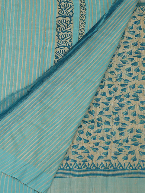 

Pothys Cream-Coloured & Blue Jute Silk Printed Saree