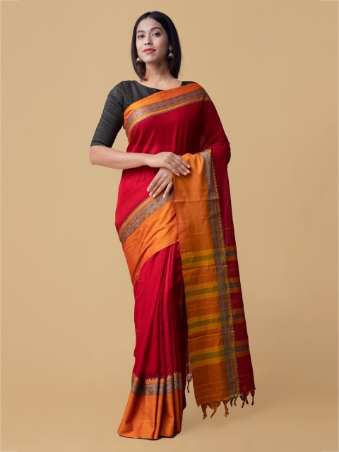 

Unnati Silks Red Pure Cotton Solid Narayan Peth Saree