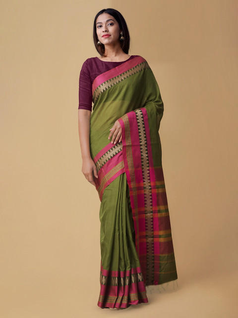 

Unnati Silks Green & Pink Pure Cotton Woven Design Handloom Narayan Peth Saree