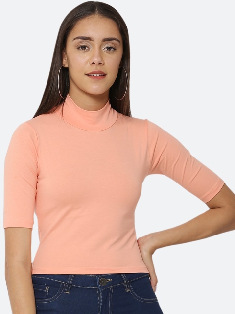 

Everlush Women Peach-Coloured Solid Knitted Fitted Top