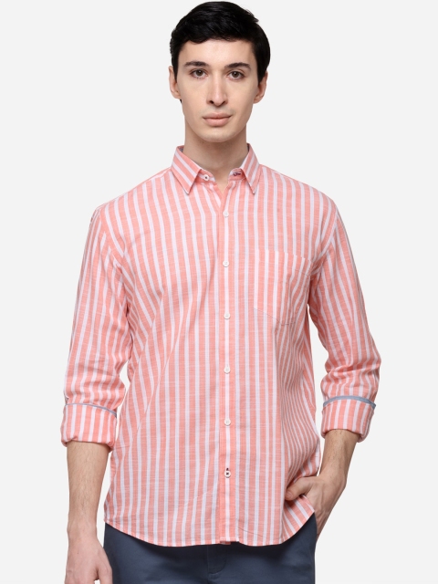 

JADE BLUE Men Peach-Coloured & White Tailored Fit Striped Casual Shirt