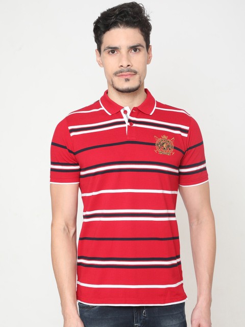 

Oxemberg Men Red Striped Polo Collar T-shirt