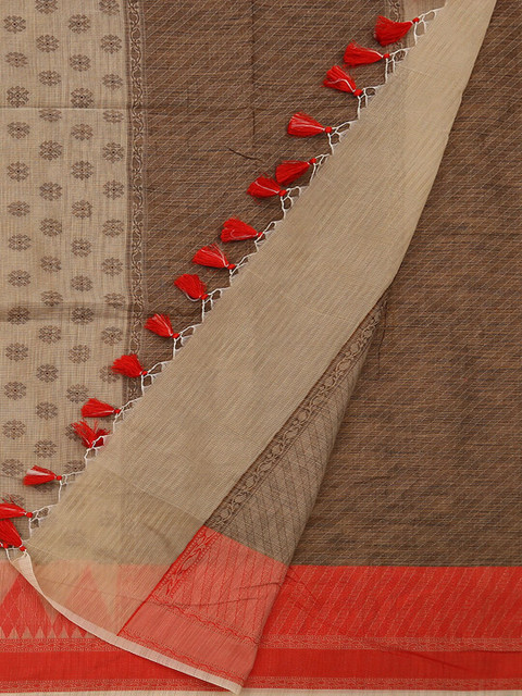 

Pothys Cream-Coloured & Brown Supernet Printed Saree