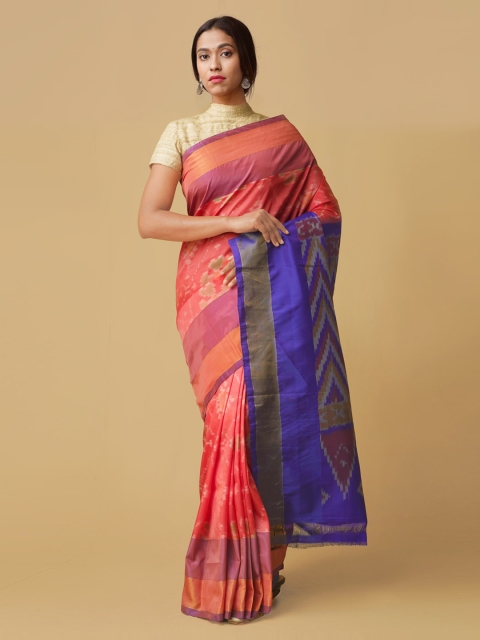 

Unnati Silks Red & Blue Silk Cotton Printed Handloom Pochampally Saree