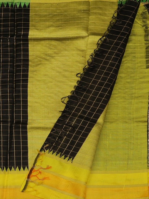 

Pothys Black & Green Jute Silk Checked Saree
