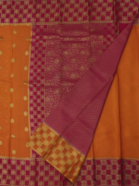 

Pothys Mustard Yellow & Magenta Pure Crepe Woven Design Saree