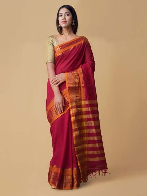 

Unnati Silks Red & Gold-Coloured Pure Cotton Solid Venkatgiri Saree