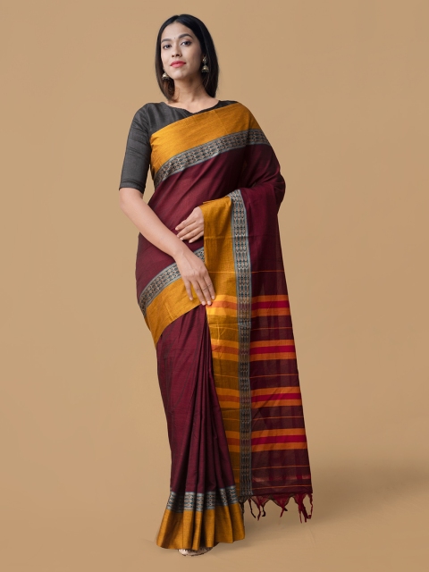 

Unnati Silks Maroon Pure Cotton Solid Handloom Narayan Peth Saree