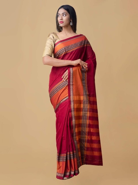 

Unnati Silks Red Pure Cotton Striped Narayan Peth Handloom Saree
