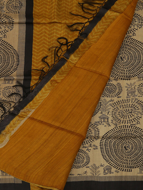 

Pothys Cream-Coloured & Black Jute Silk Printed Saree