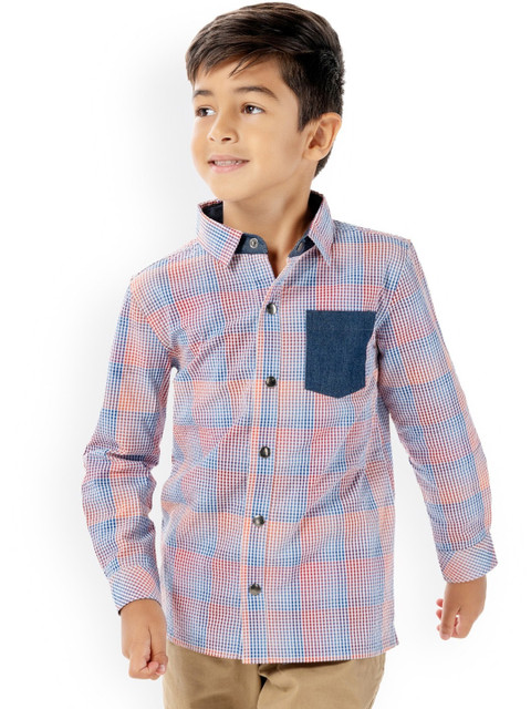 

Cherry Crumble Unisex Kids Blue & Orange Regular Fit Checked Casual Shirt