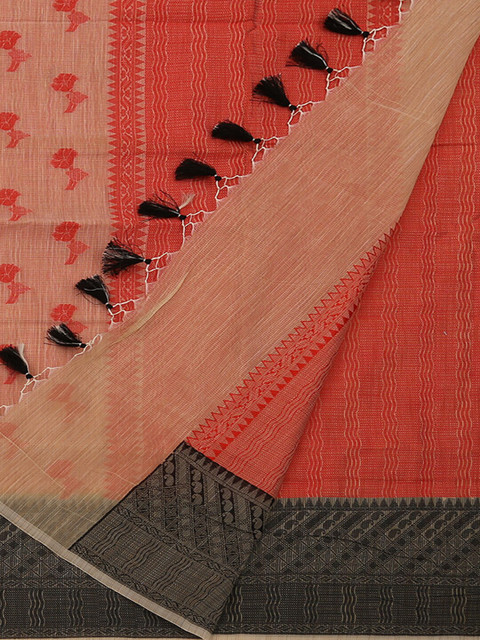 

Pothys Cream-Coloured & Orange Supernet Woven Design Saree