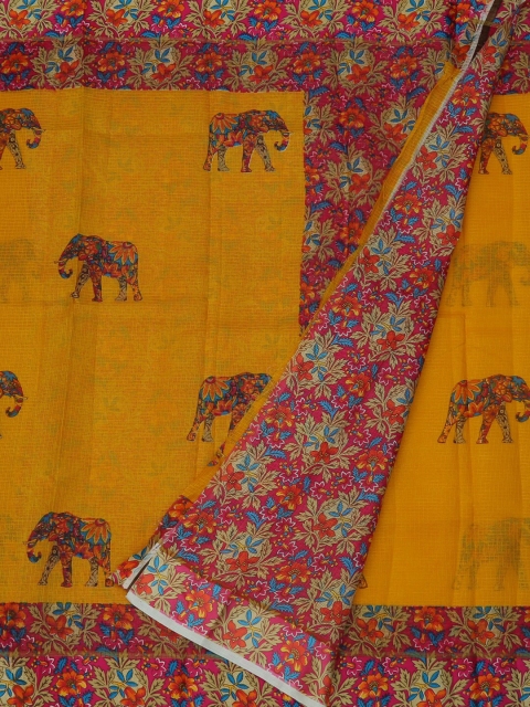 

Pothys Mustard Yellow & Red Jute Silk Printed Saree