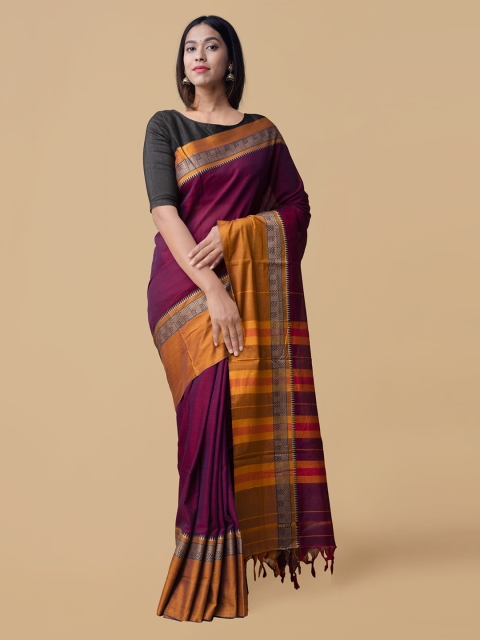 

Unnati Silks Maroon Pure Cotton Solid Narayan Peth Saree