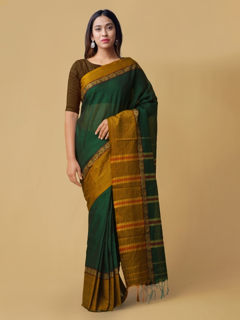 

Unnati Silks Green Pure Cotton Solid Narayan Peth Saree