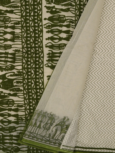 

Pothys Cream-Coloured & Green Supernet Printed Saree