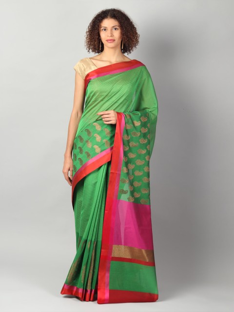 

EthnicRoom Green & Pink Silk Cotton Printed Banarasi Saree
