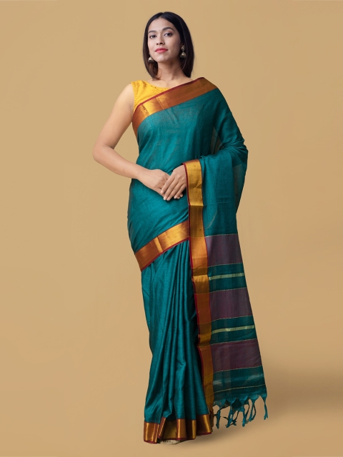 

Unnati Silks Teal Green & Gold-Coloured Pure Cotton Handloom Narayan Peth Saree