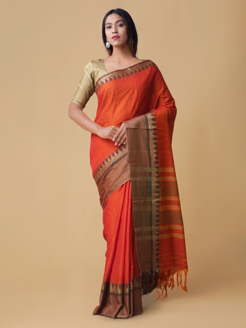 

Unnati Silks Orange Pure Cotton Solid Narayan Peth Saree