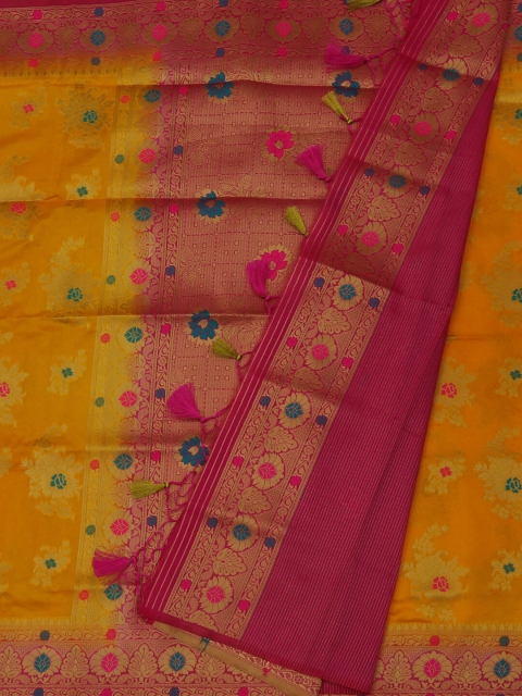 

Pothys Mustard Yellow & Pink Jute Silk Embroidered Saree