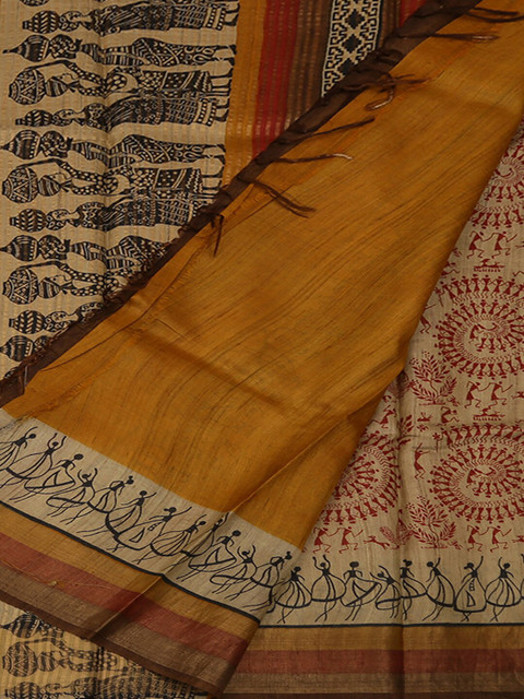 

Pothys Cream-Coloured & Orange Jute Silk Printed Saree