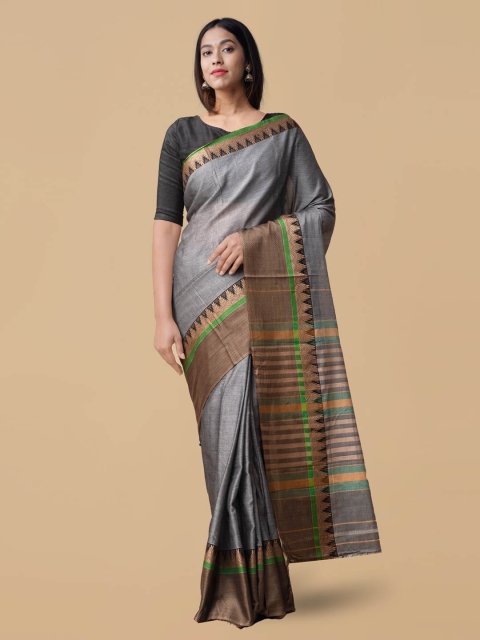 

Unnati Silks Grey & Gold-Coloured Pure Cotton Solid Narayan Peth Saree