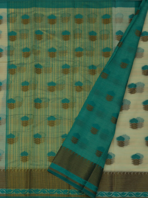 

Pothys Cream-Coloured & Blue Cotton Blend Woven Design Saree