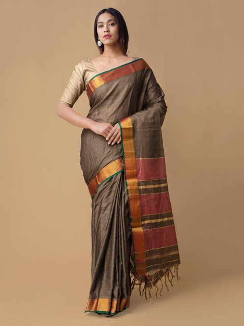

Unnati Silks Grey Pure Cotton Striped Narayan Peth Saree