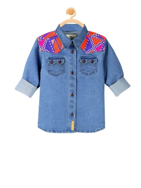 

Cherry Crumble Unisex Kids Blue & Multicoloured Regular Fit Solid Casual Shirt